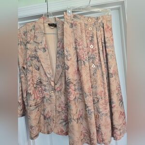Women's Vintage Floral Blush Tailored Blazer & Skirt Set- Toni Garment